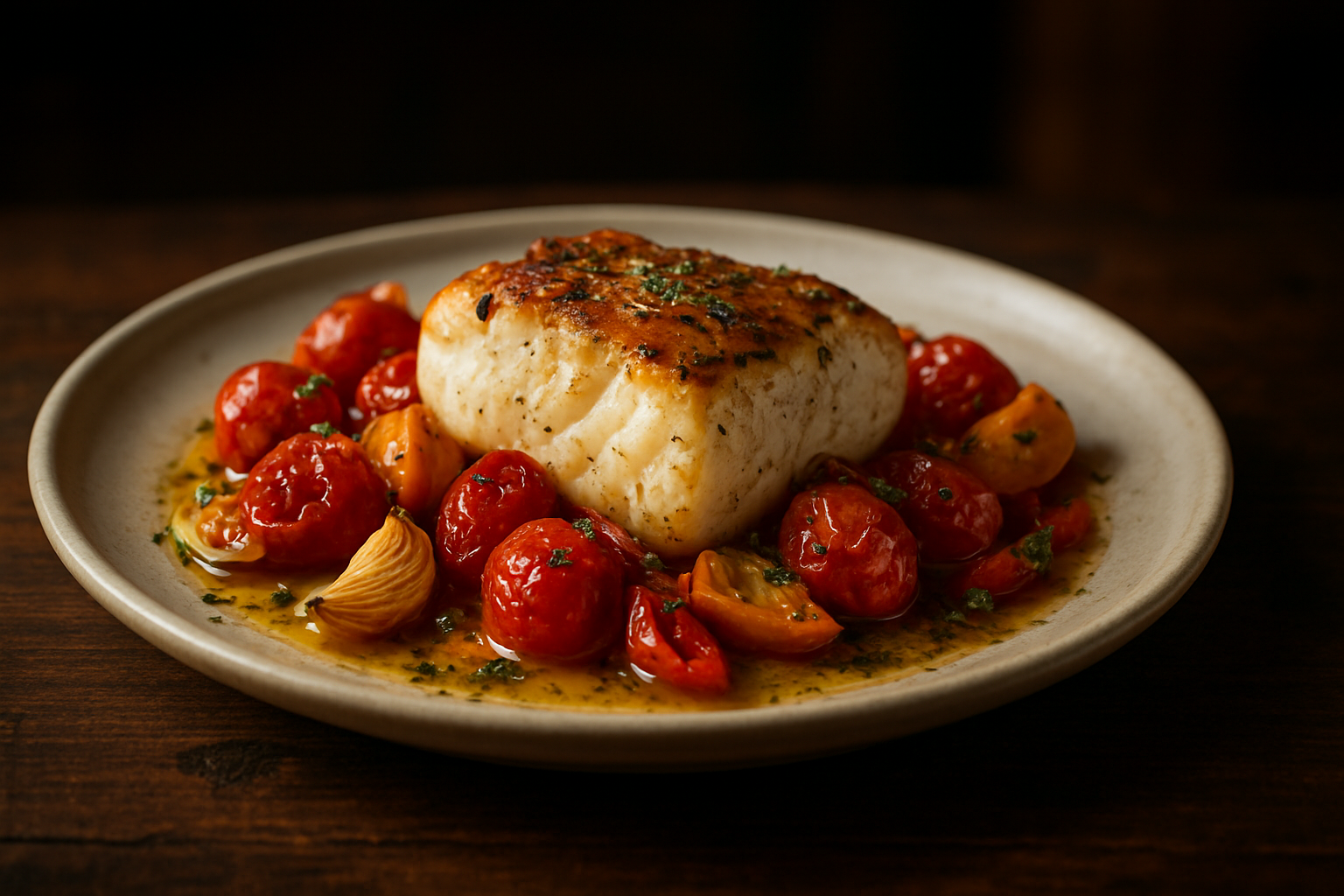 Baked Hake with Roasted Tomato, Garlic, and Pepper