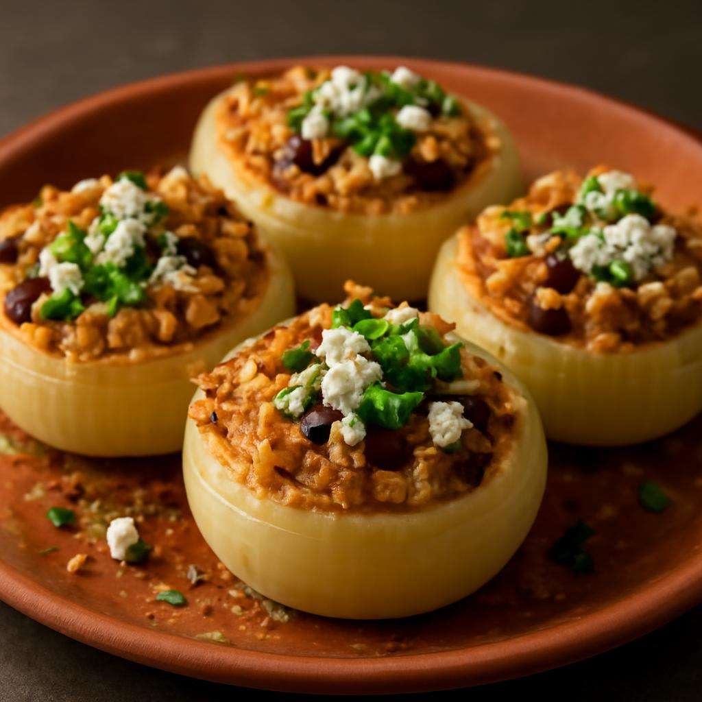 Baked Onion Cups with Rice & Beans and Feta
