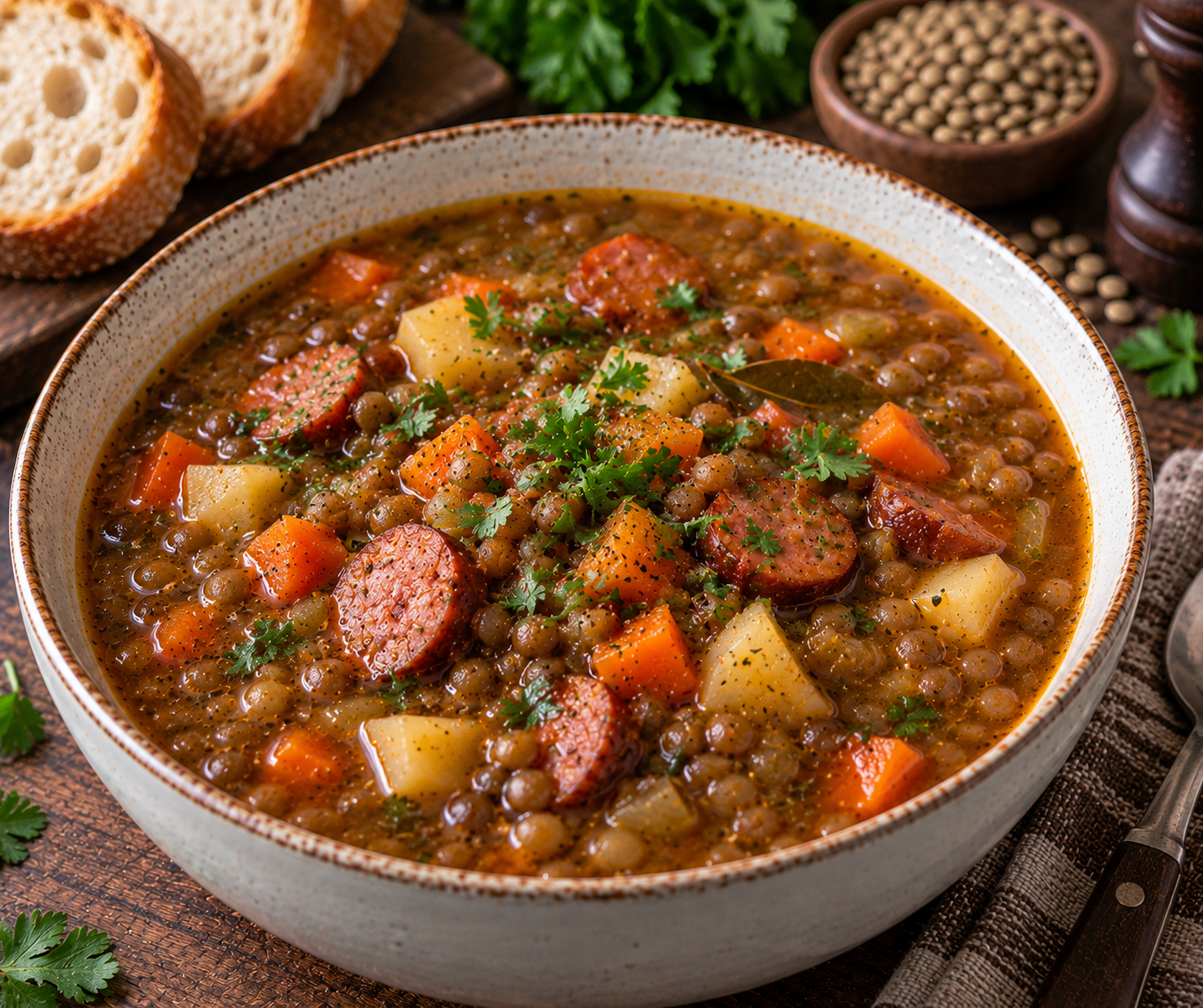 Slovak Lentil Soup with Sausage