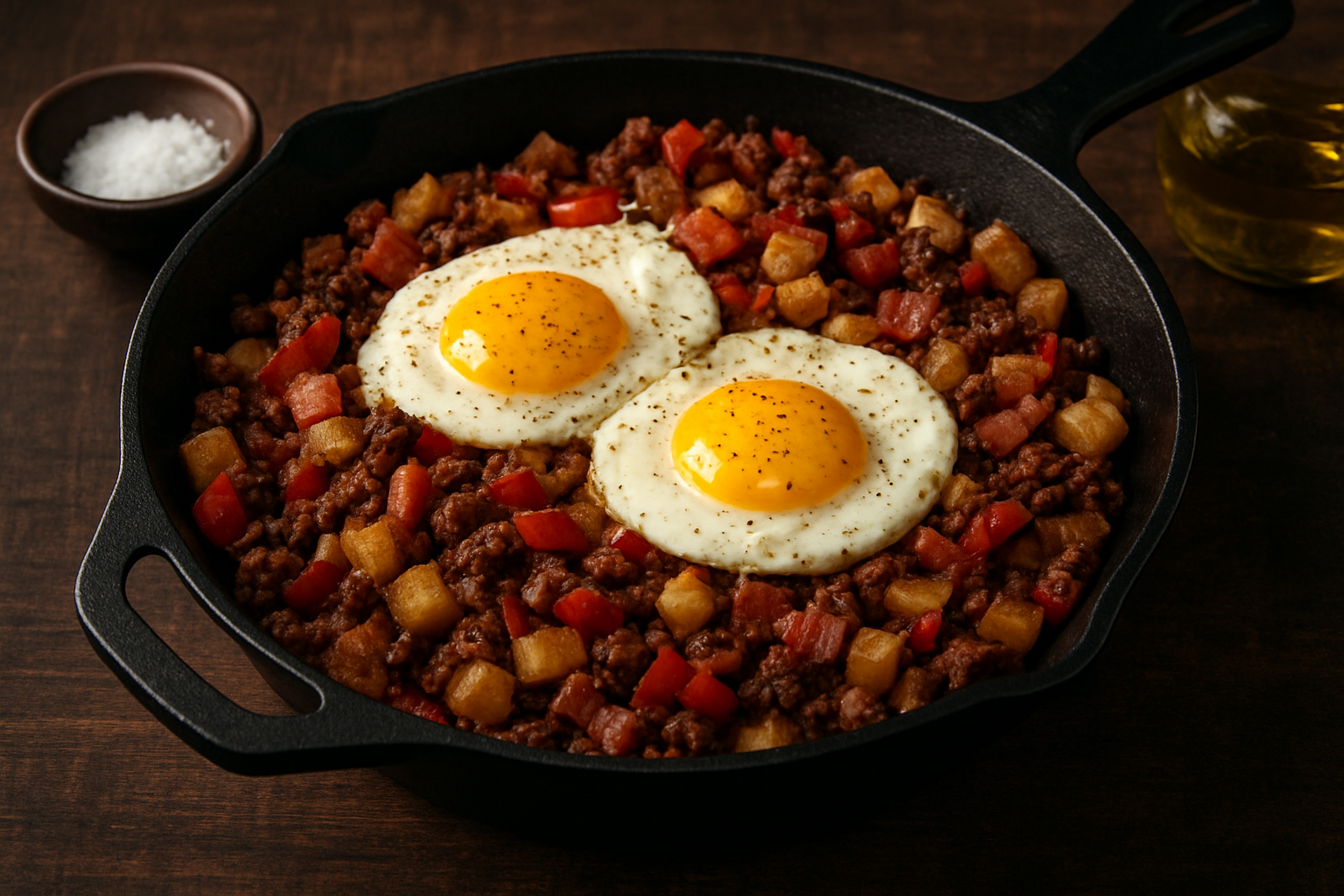 Beef & Bacon Skillet Hash with Fried Eggs