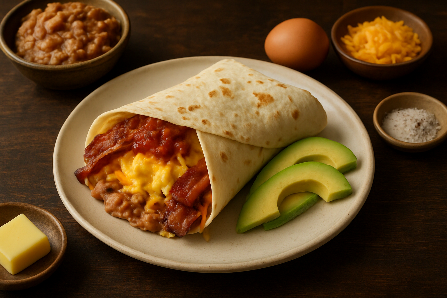Breakfast Burrito with Bacon & Refried Beans