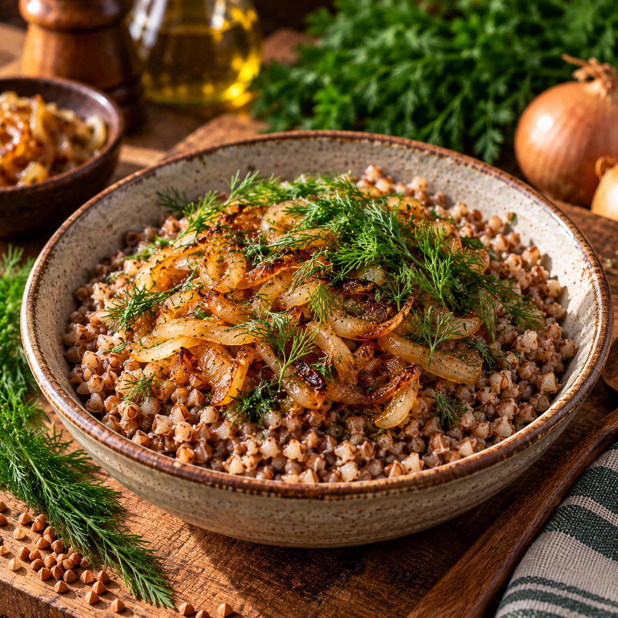 Buckwheat Porridge with Caramelized Onions and Fresh Dill