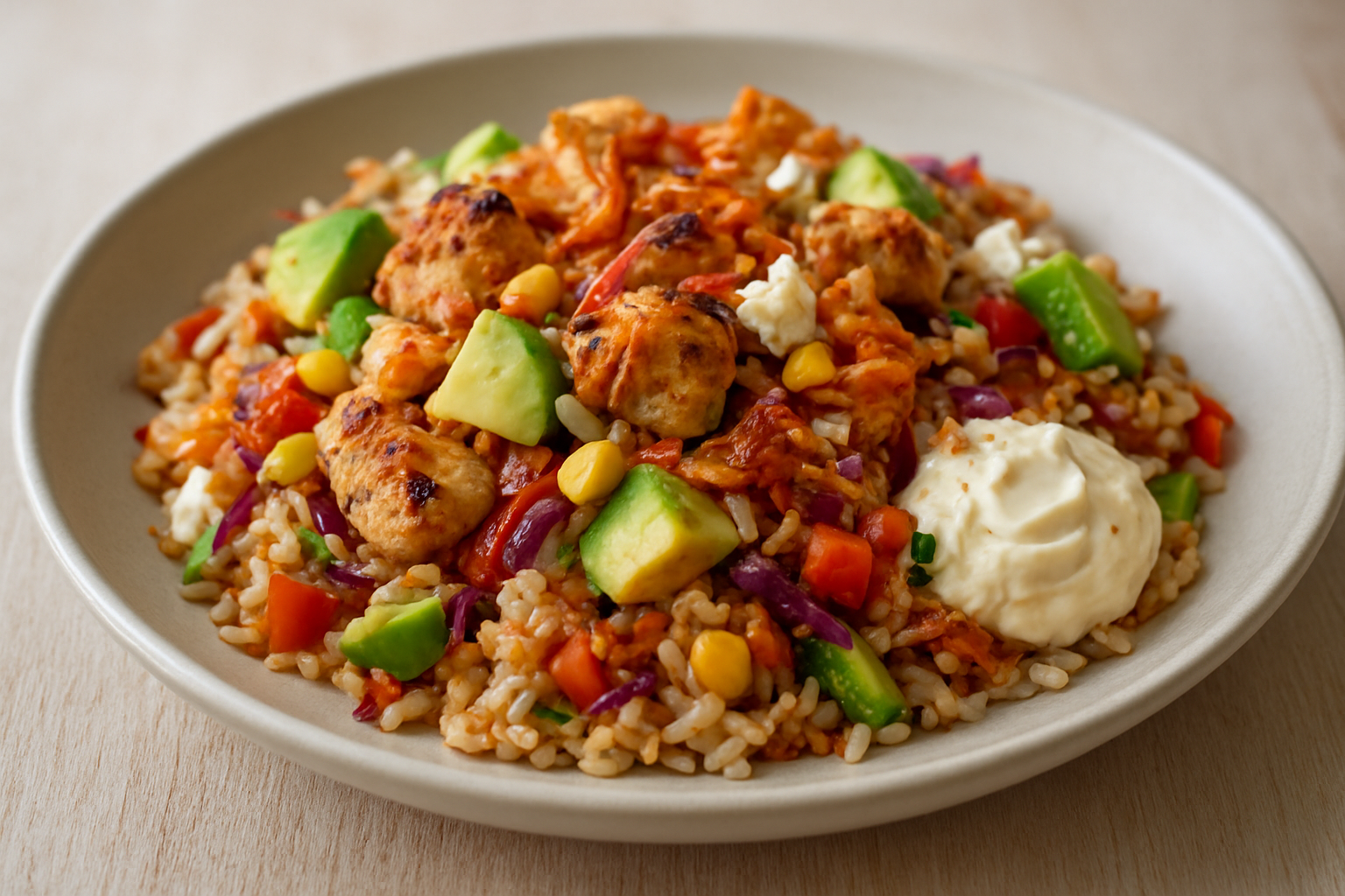 Chicken and Kimchi Rice Salad with Feta and Avocado