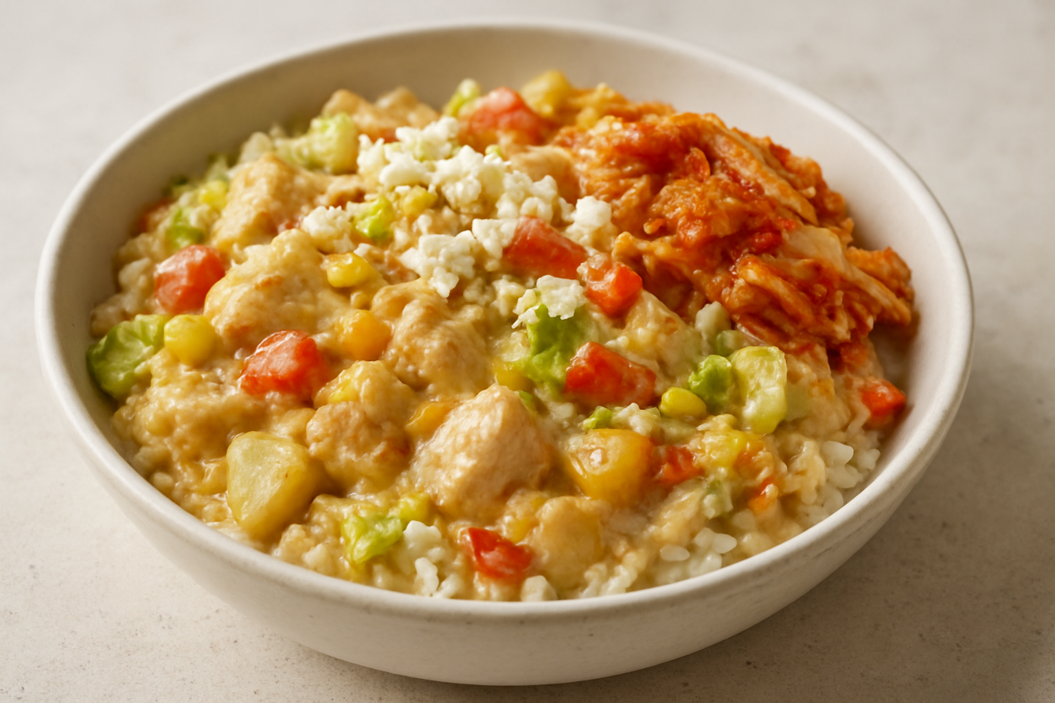 Creamy Chicken and Vegetable Rice Bowl with Feta and Kimchi