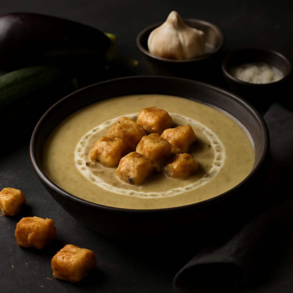 Creamy Roasted Eggplant & Zucchini Soup with Garlic Croutons