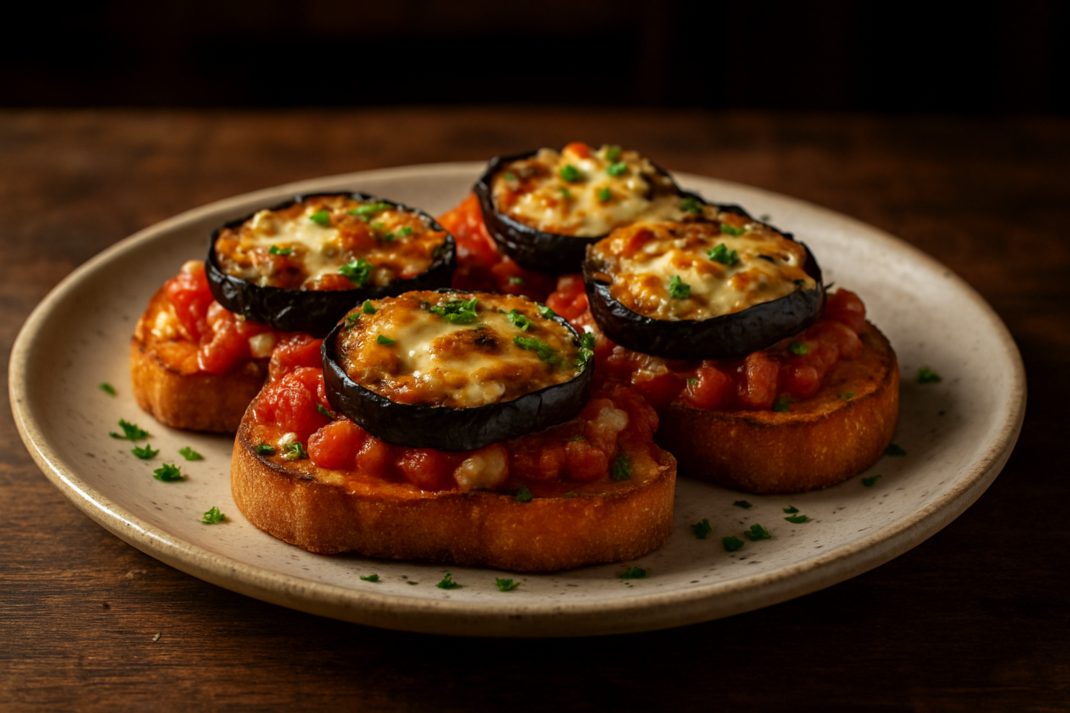 Eggplant and Cheese Tomato Garlic Bruschetta