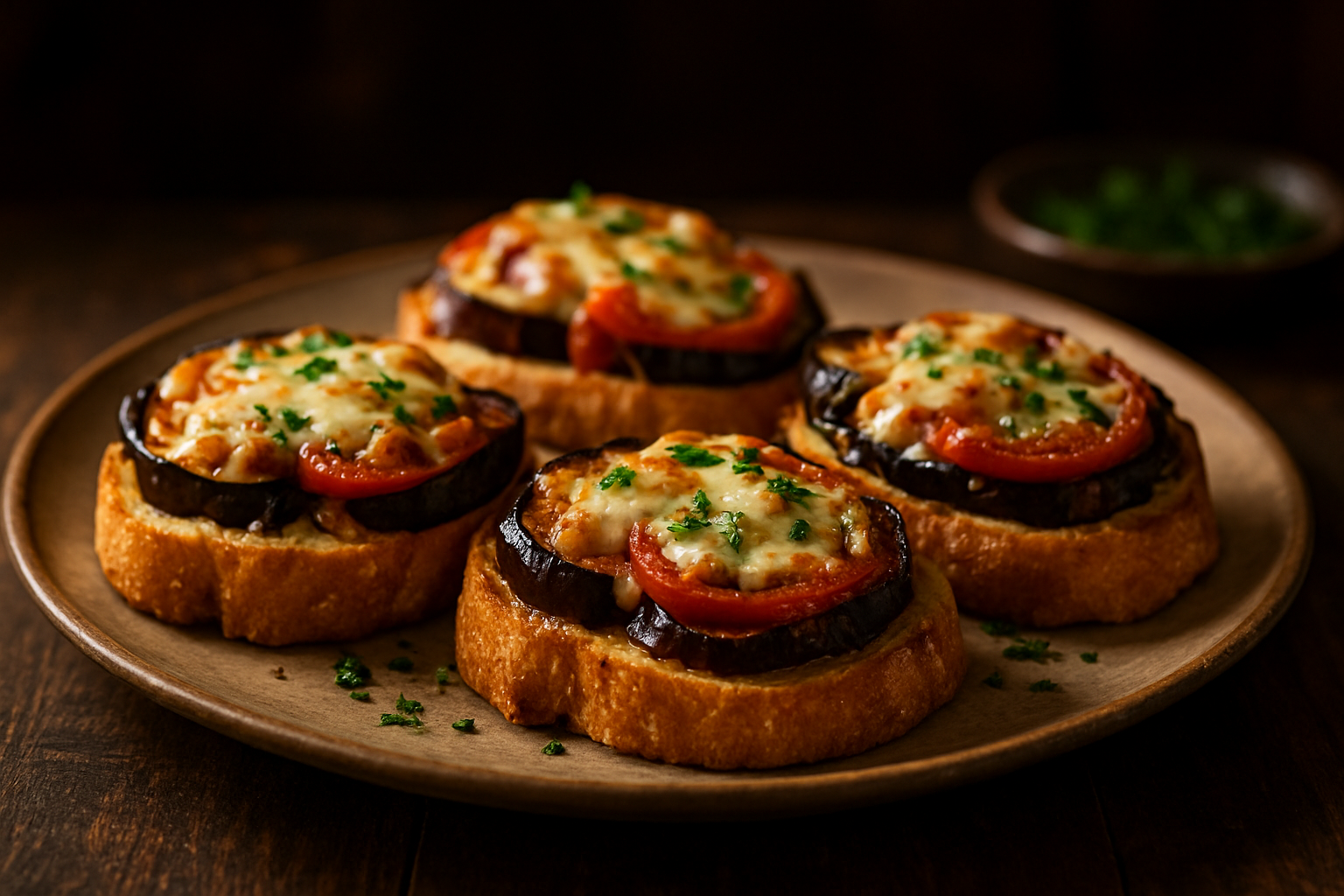Eggplant and Tomato Cheese Crostini