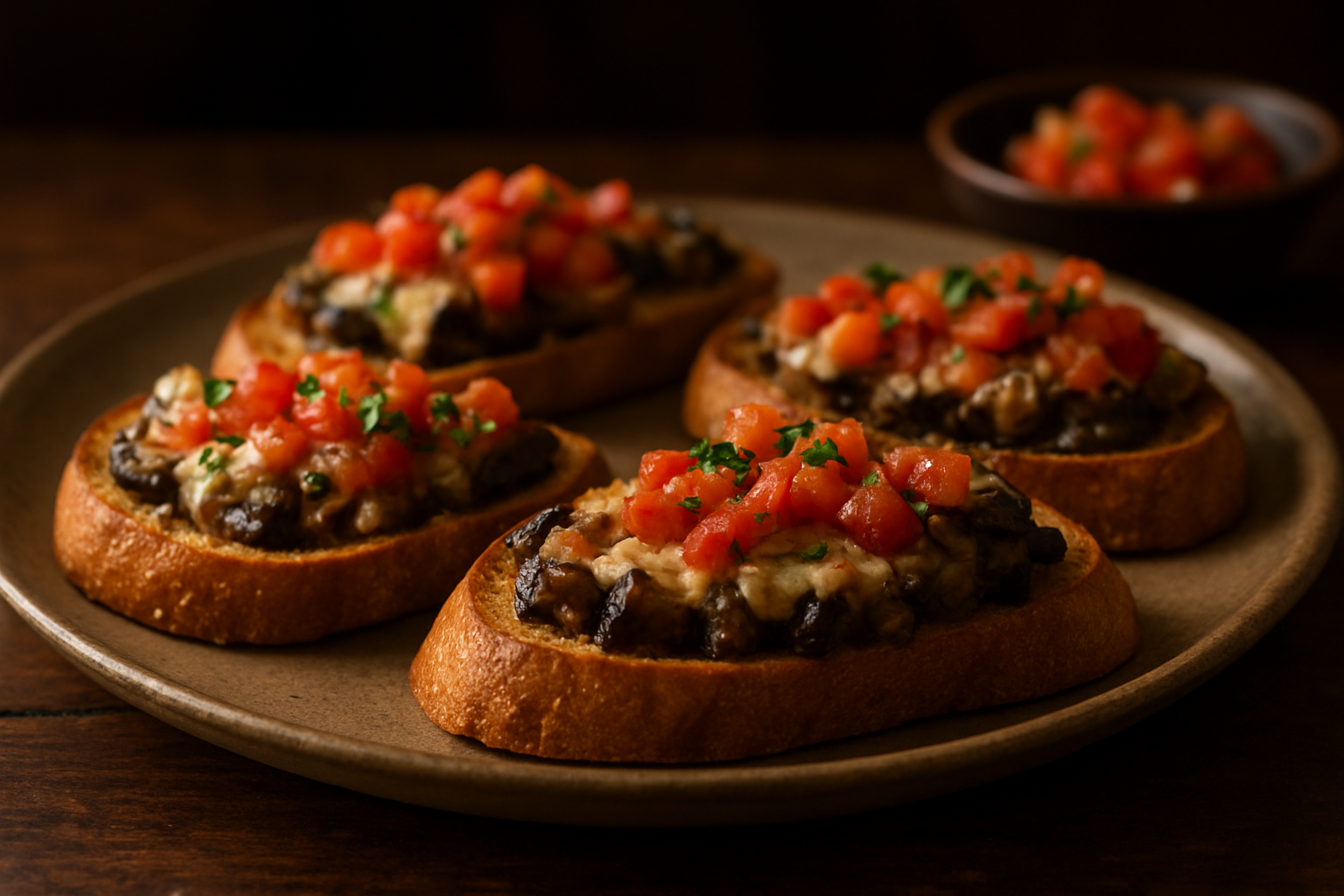 Eggplant Cheese and Tomato Garlic Bruschetta