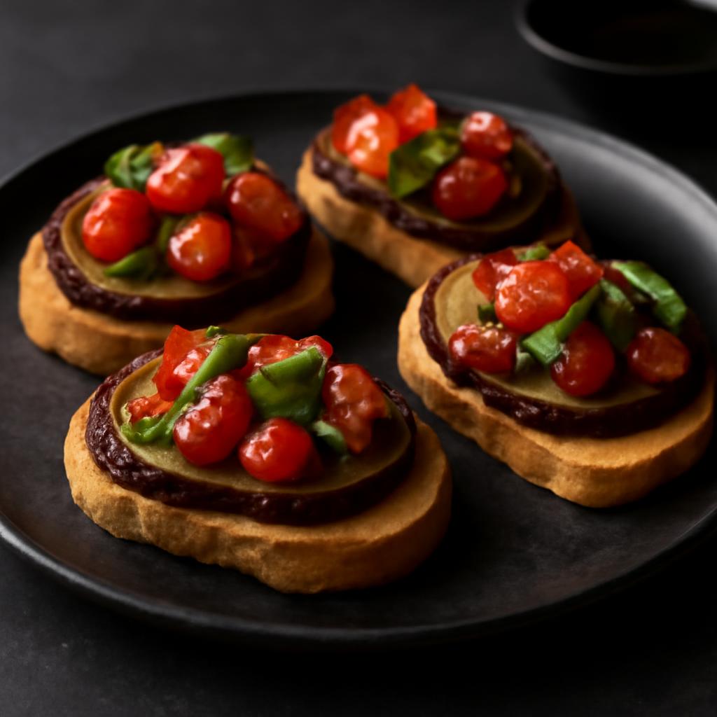 Eggplant–Garlic Crostini with Tomato & Basil