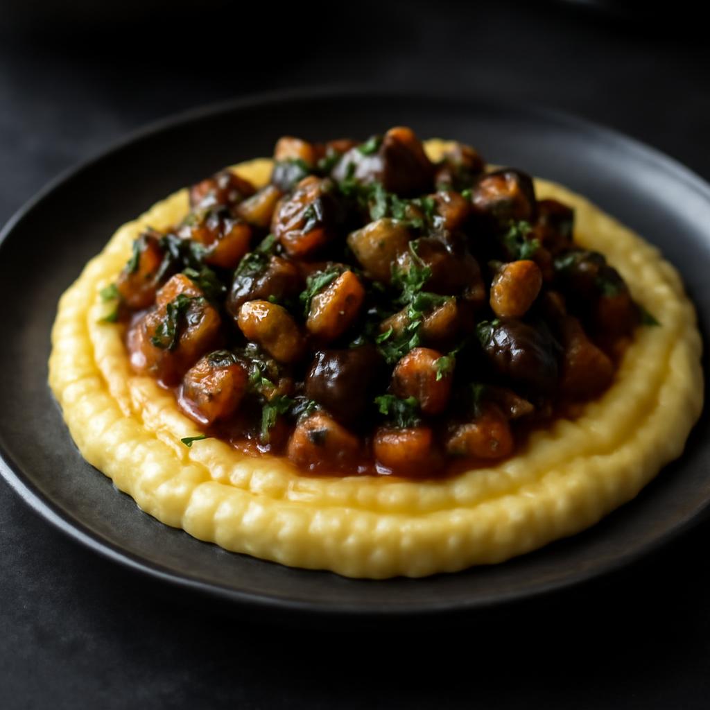 Eggplant & Zucchini Caponata over Creamy Polenta