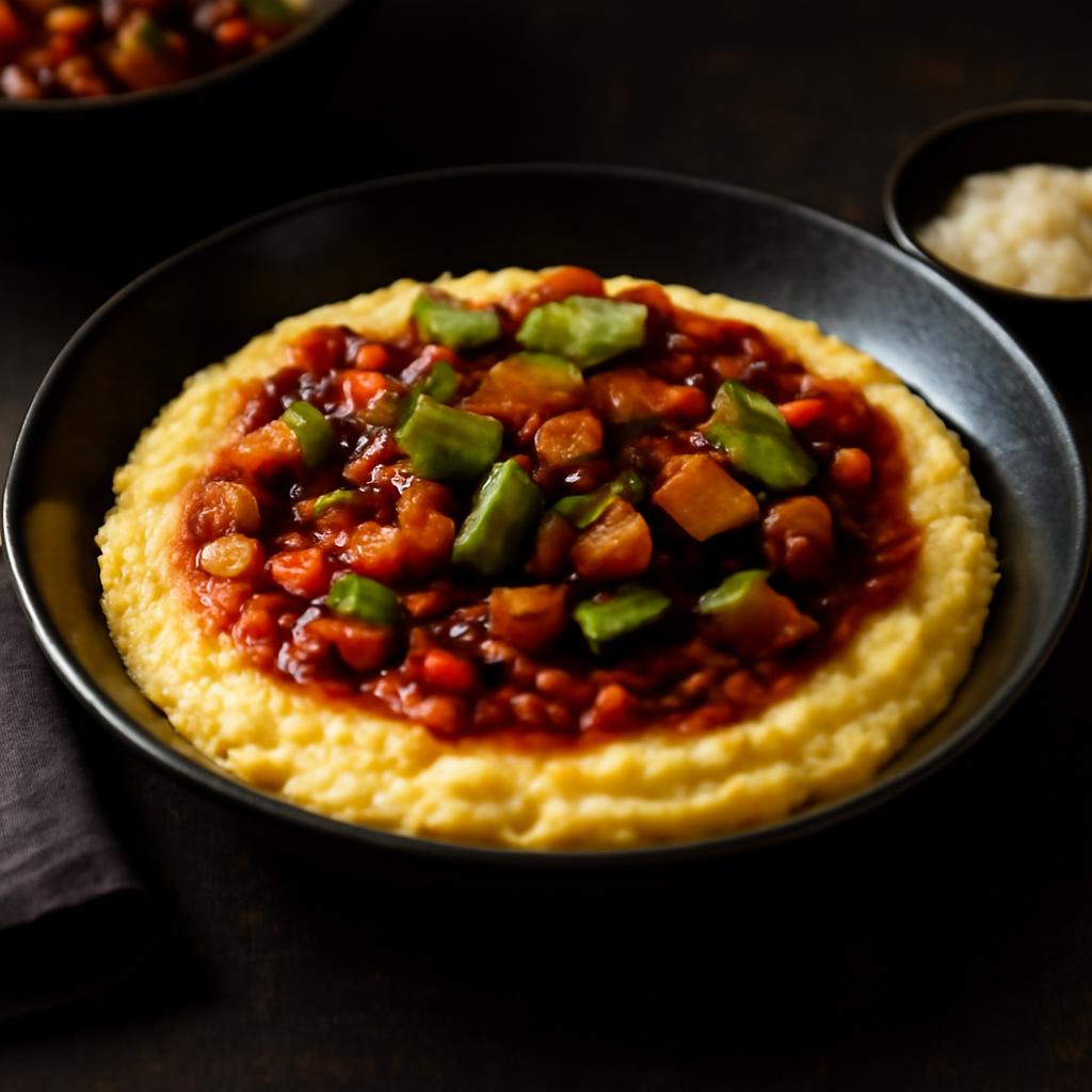 Eggplant & Zucchini Ragù over Creamy Polenta