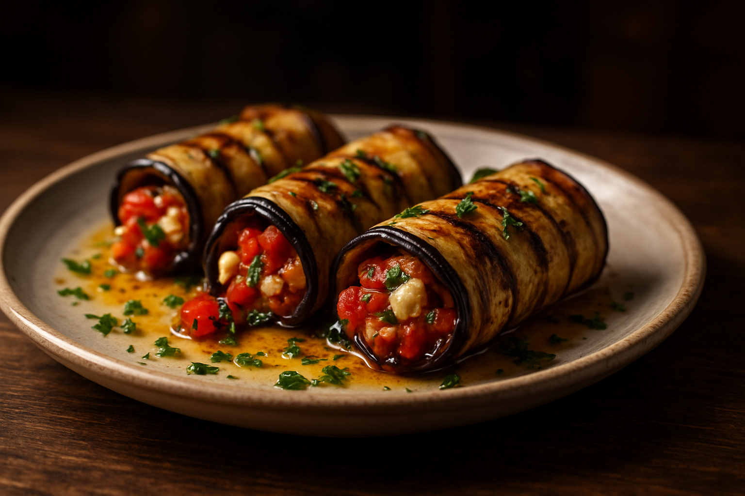 Grilled Eggplant Rolls with Tomato, Garlic, and Cheese