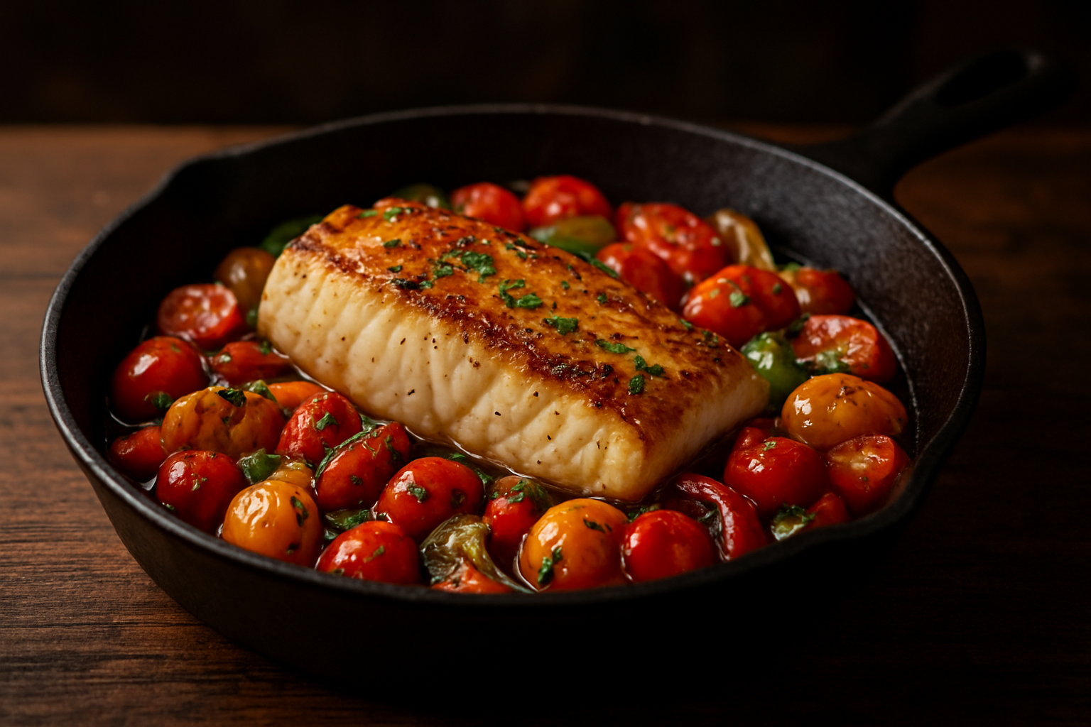 Hake and Pepper Tomato Skillet