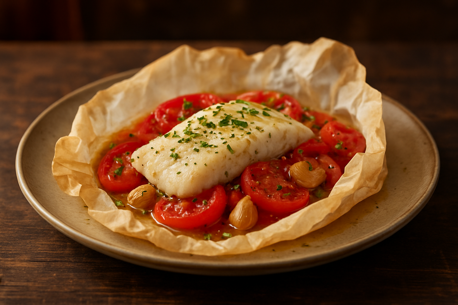 Hake en Papillote with Tomato, Garlic, and Pepper