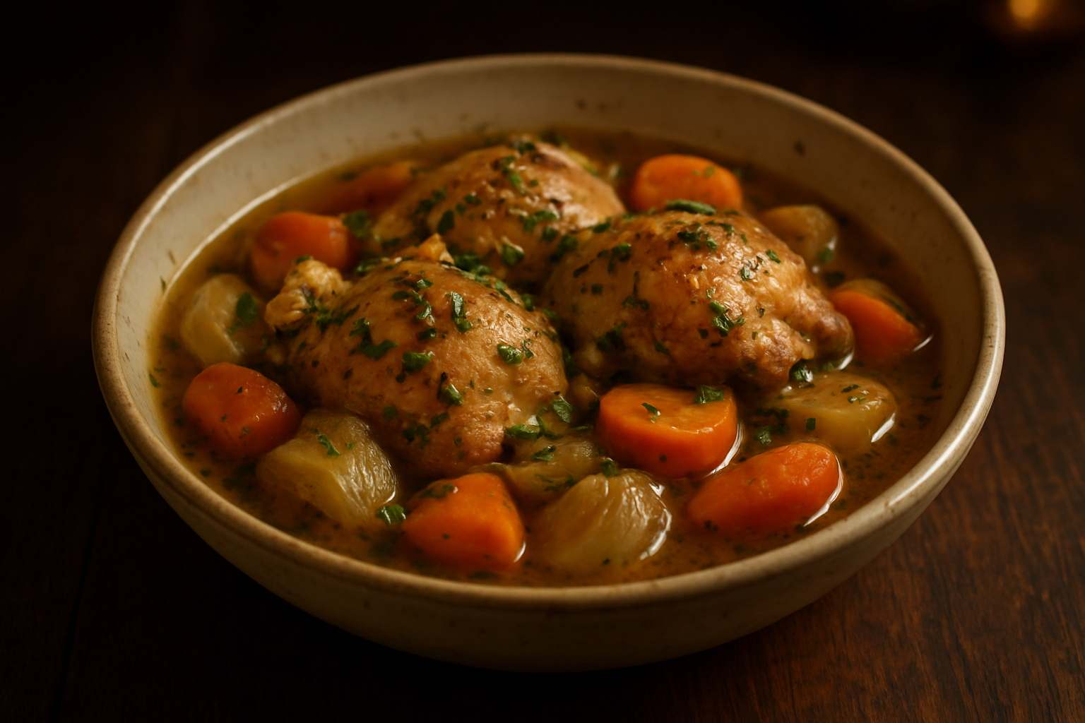 Herb-Infused Chicken Stew with Carrots and Onions