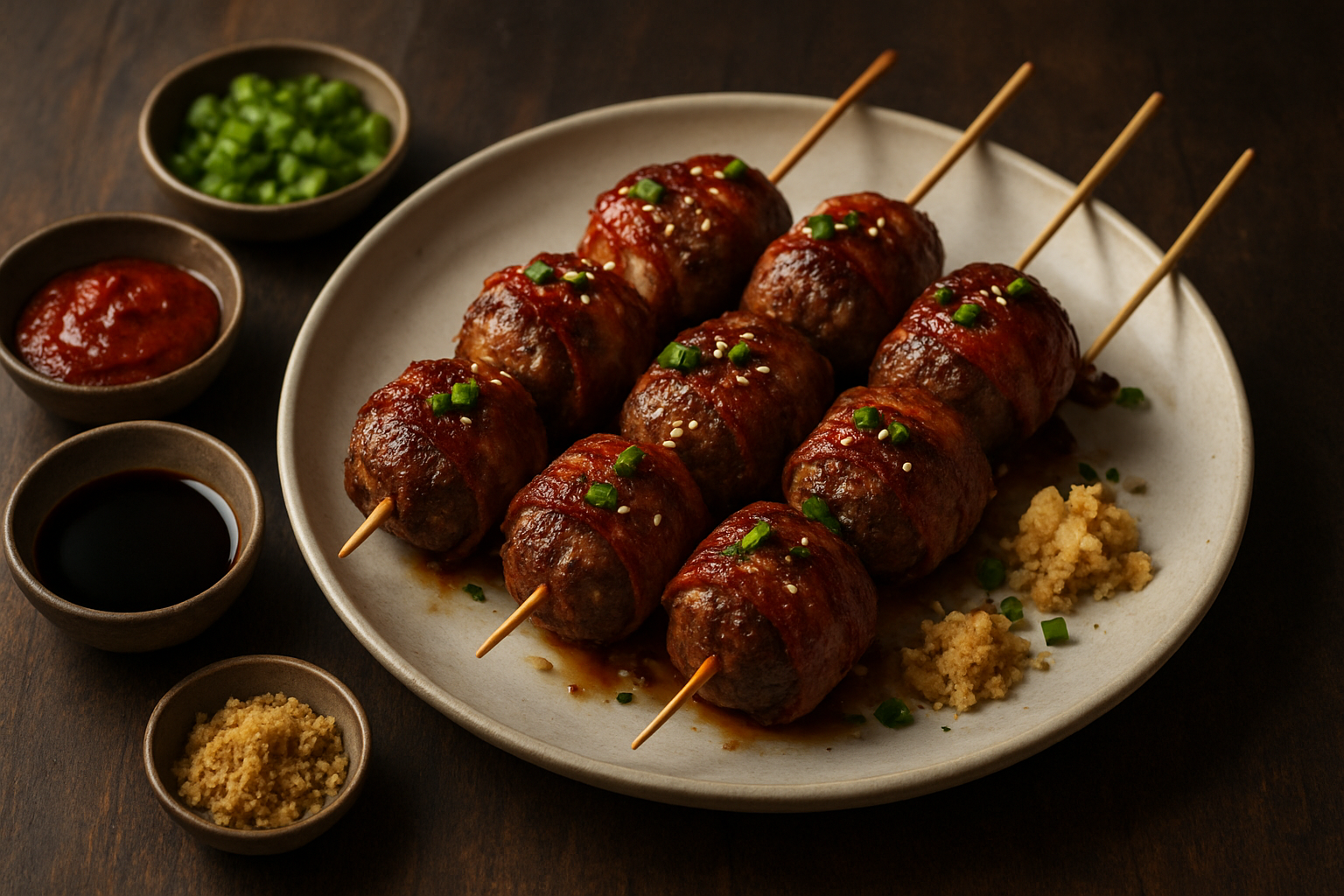 Korean-Style Bacon-Wrapped Beef Meatball Skewers