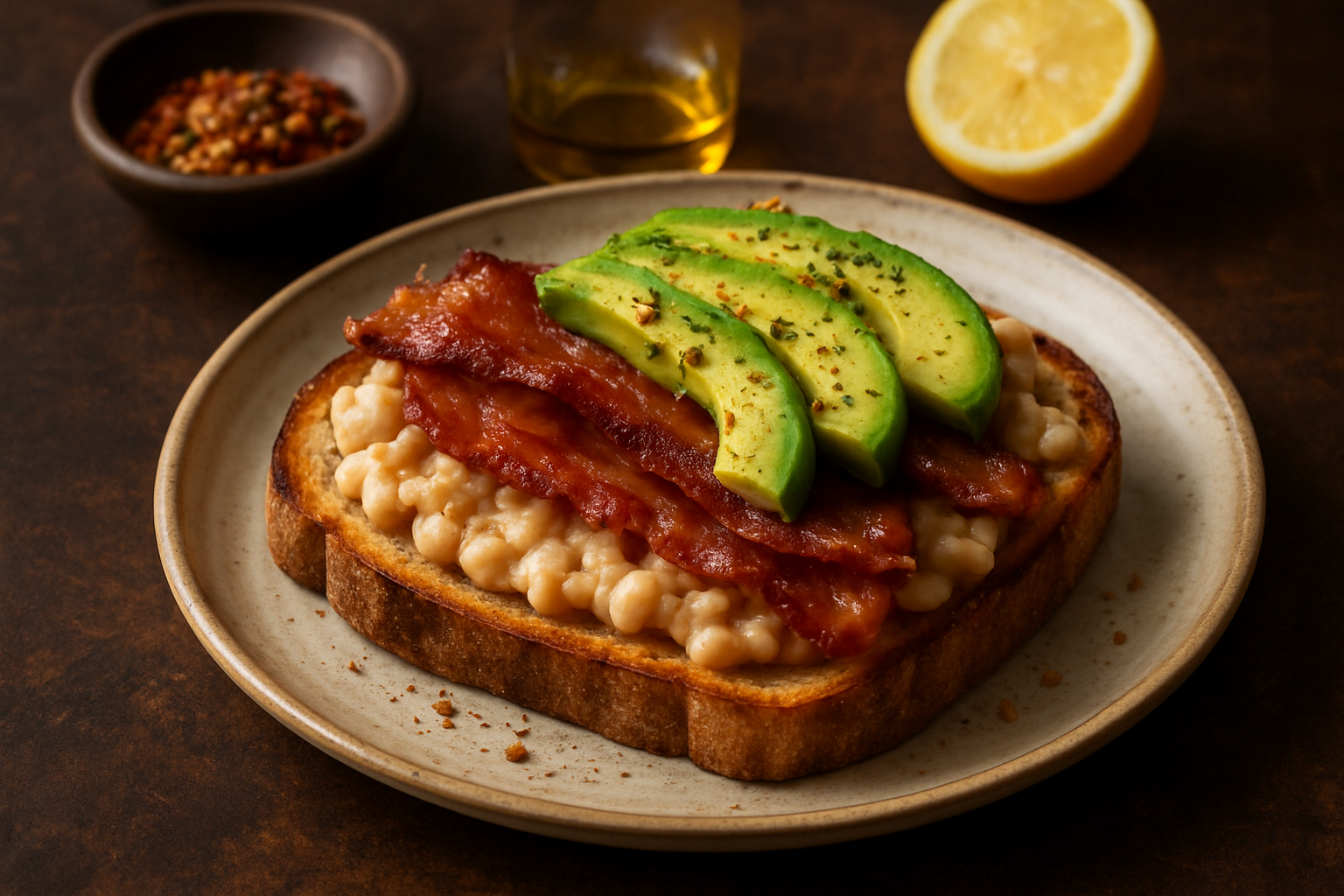 Mashed Bean Toast with Crispy Bacon & Avocado
