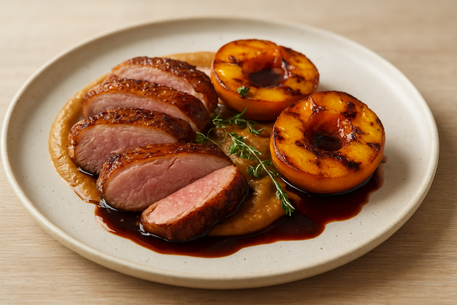 Pan-Seared Duck Breast with Grilled Peaches