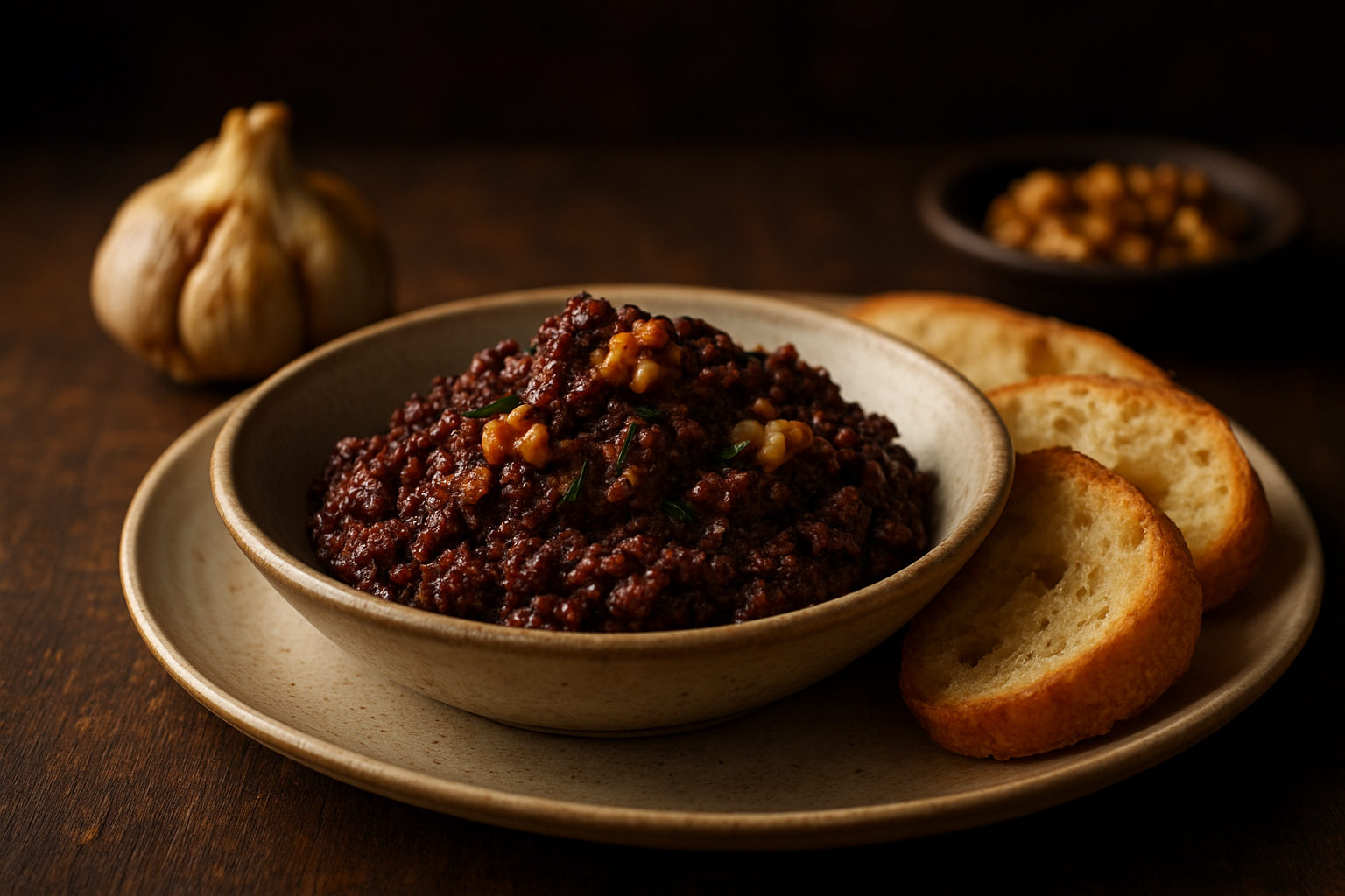 Provencal Olive Tapenade with Roasted Garlic and Walnuts