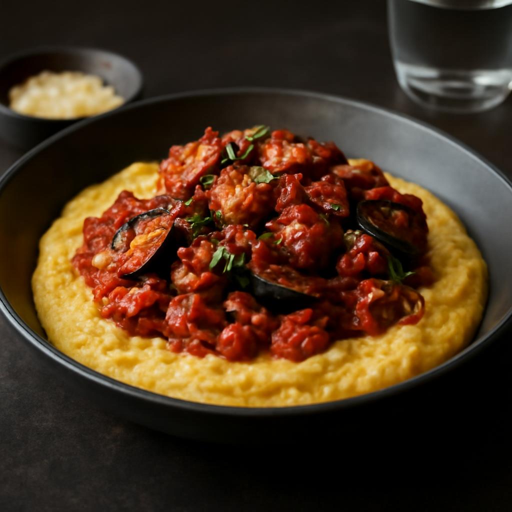 Roasted Eggplant & Garlic Ragù with Creamy Polenta
