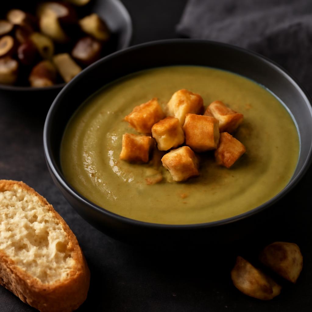 Roasted Eggplant & Zucchini Soup with Garlic Croutons