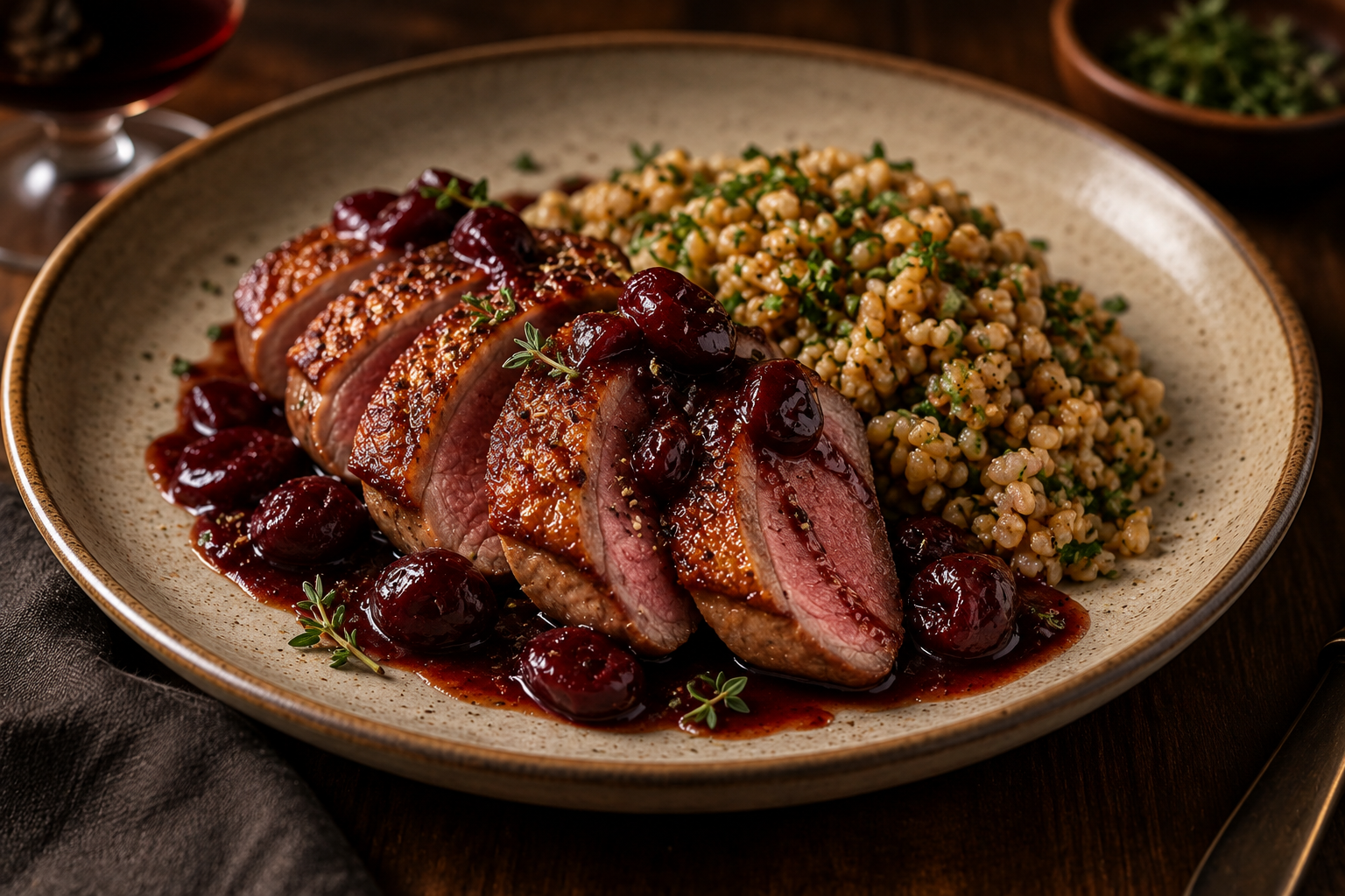 Seared Duck Breast with Cherry‑Port Reduction and Herbed Farro