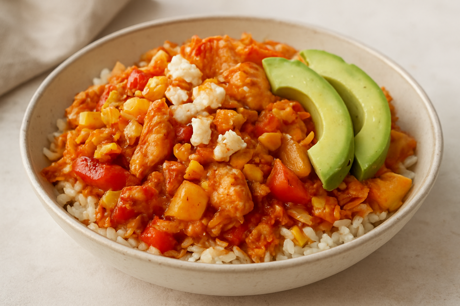 Spicy Chicken and Kimchi Stir-Fry with Feta and Avocado