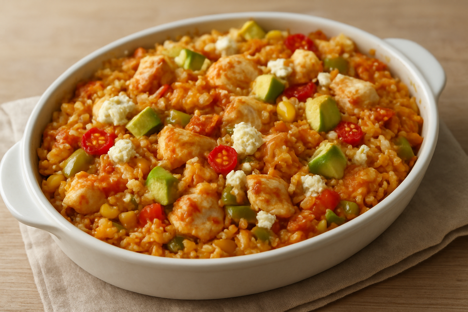 Spicy Chicken and Vegetable Rice Bake with Feta and Mascarpone