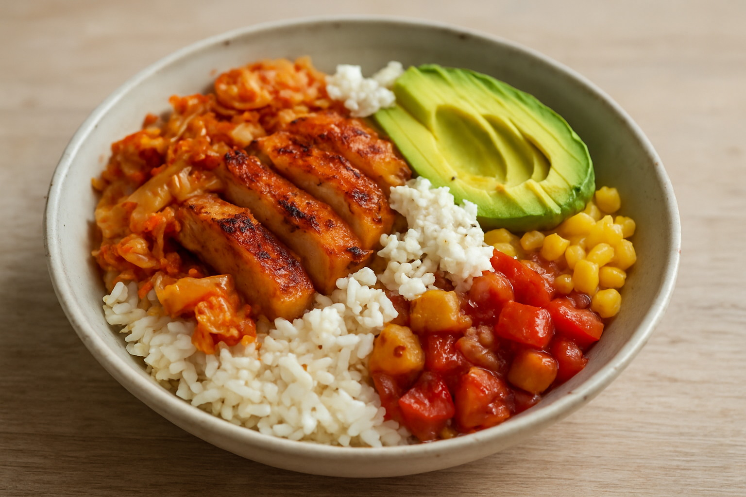Spicy Chicken, Kimchi and Avocado Rice Bowl