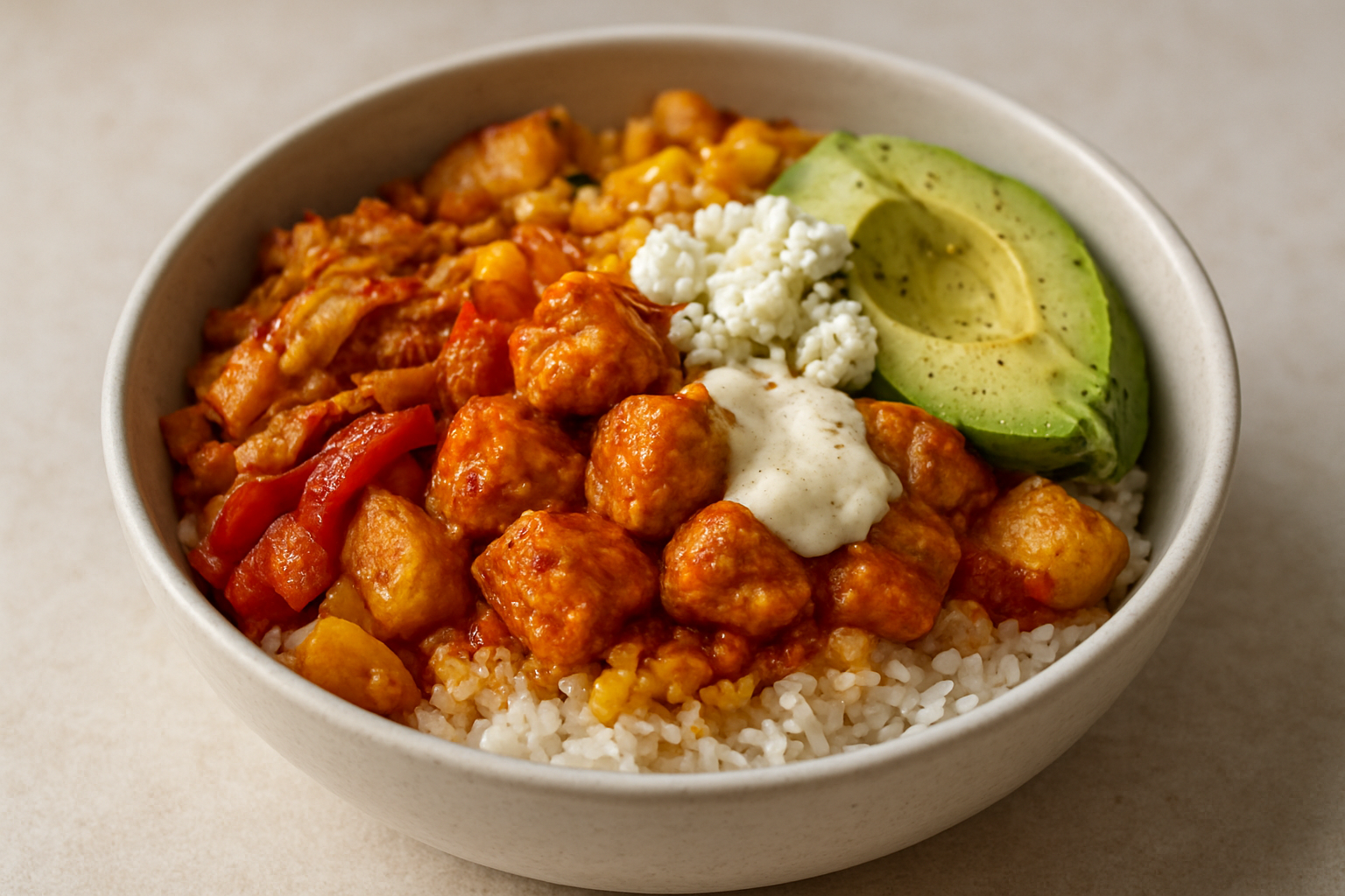 Spicy Chicken Kimchi Rice Bowl with Feta and Avocado