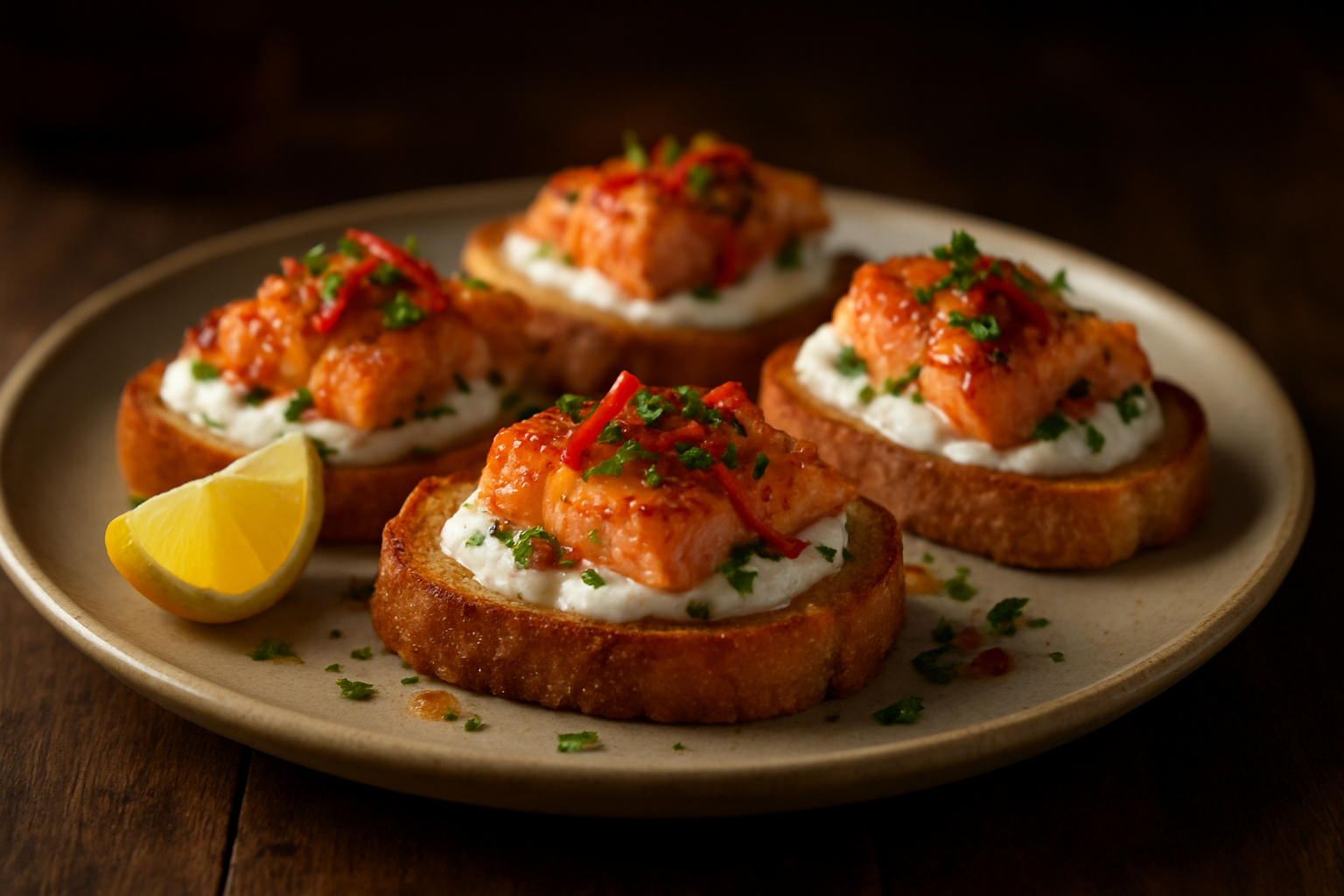 Spicy Salmon Crostini with Lemon Yogurt