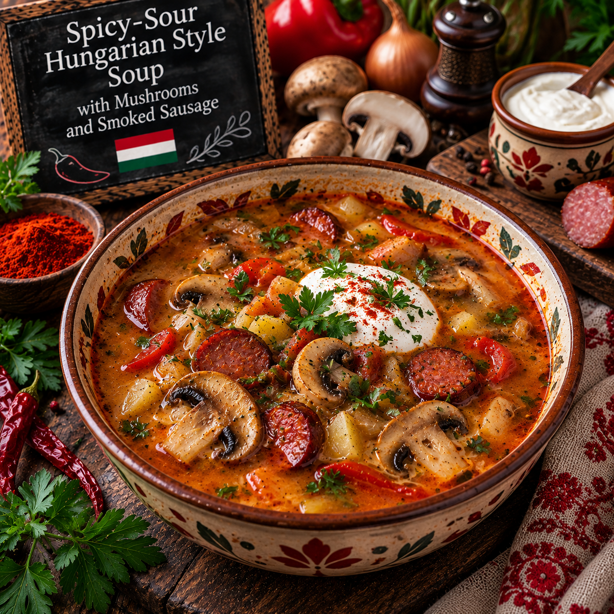 Spicy- Sour Hungarian Style Soup with Mushrooms and Smoked Sausage