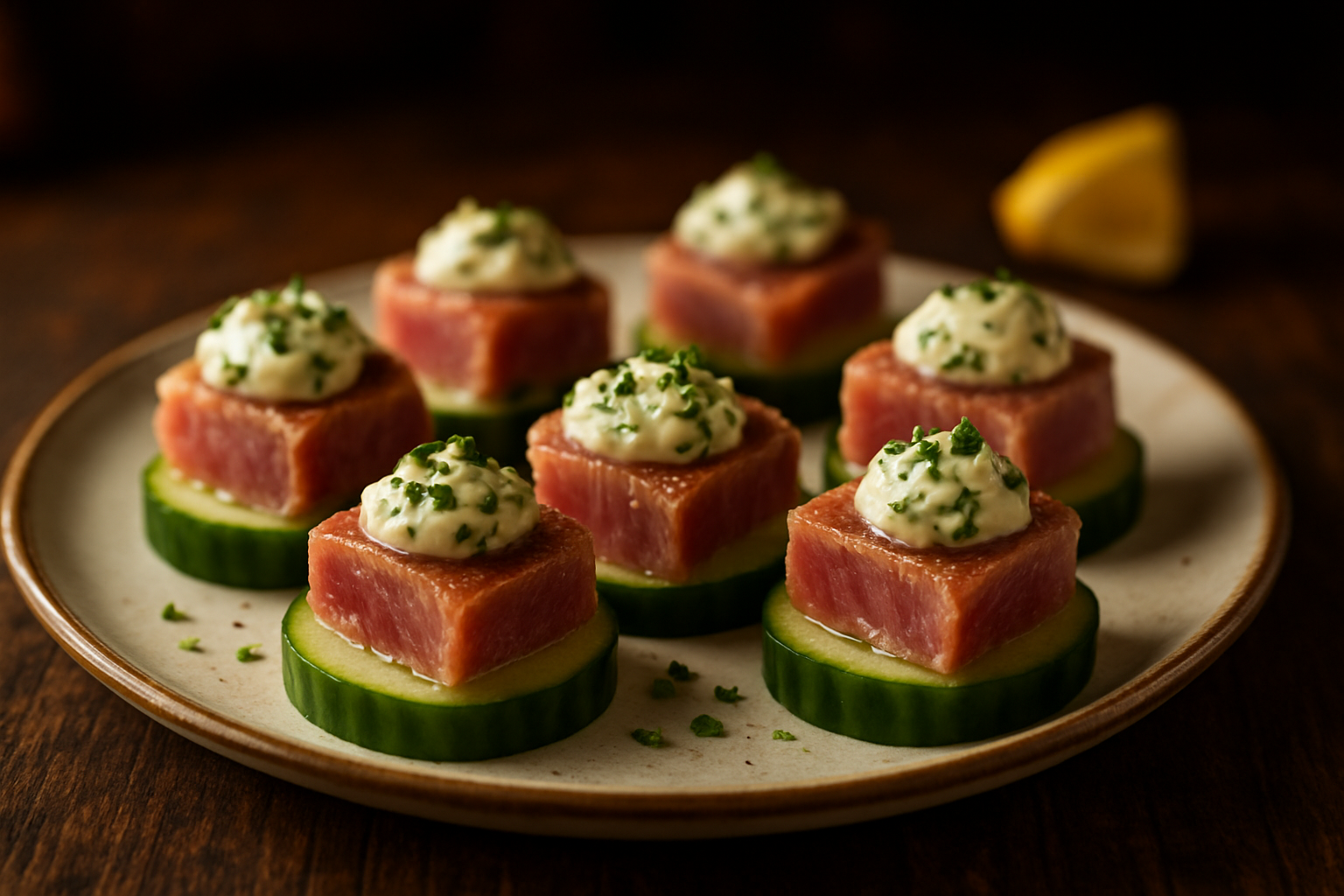 Tuna and Cucumber Bites with Lemon Herb Cream