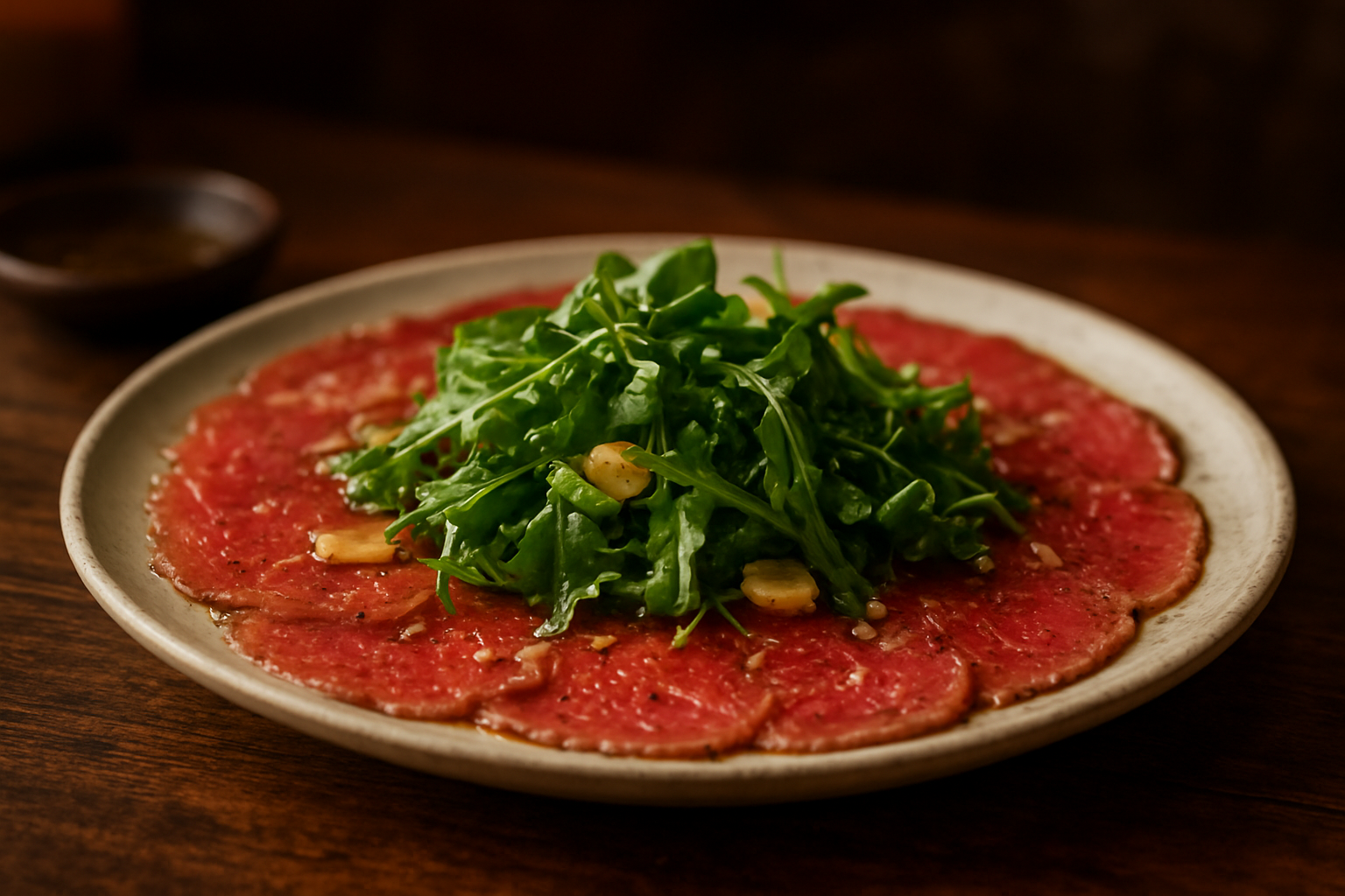Veal Carpaccio with Garlic-Infused Olive Oil and Arugula Salad