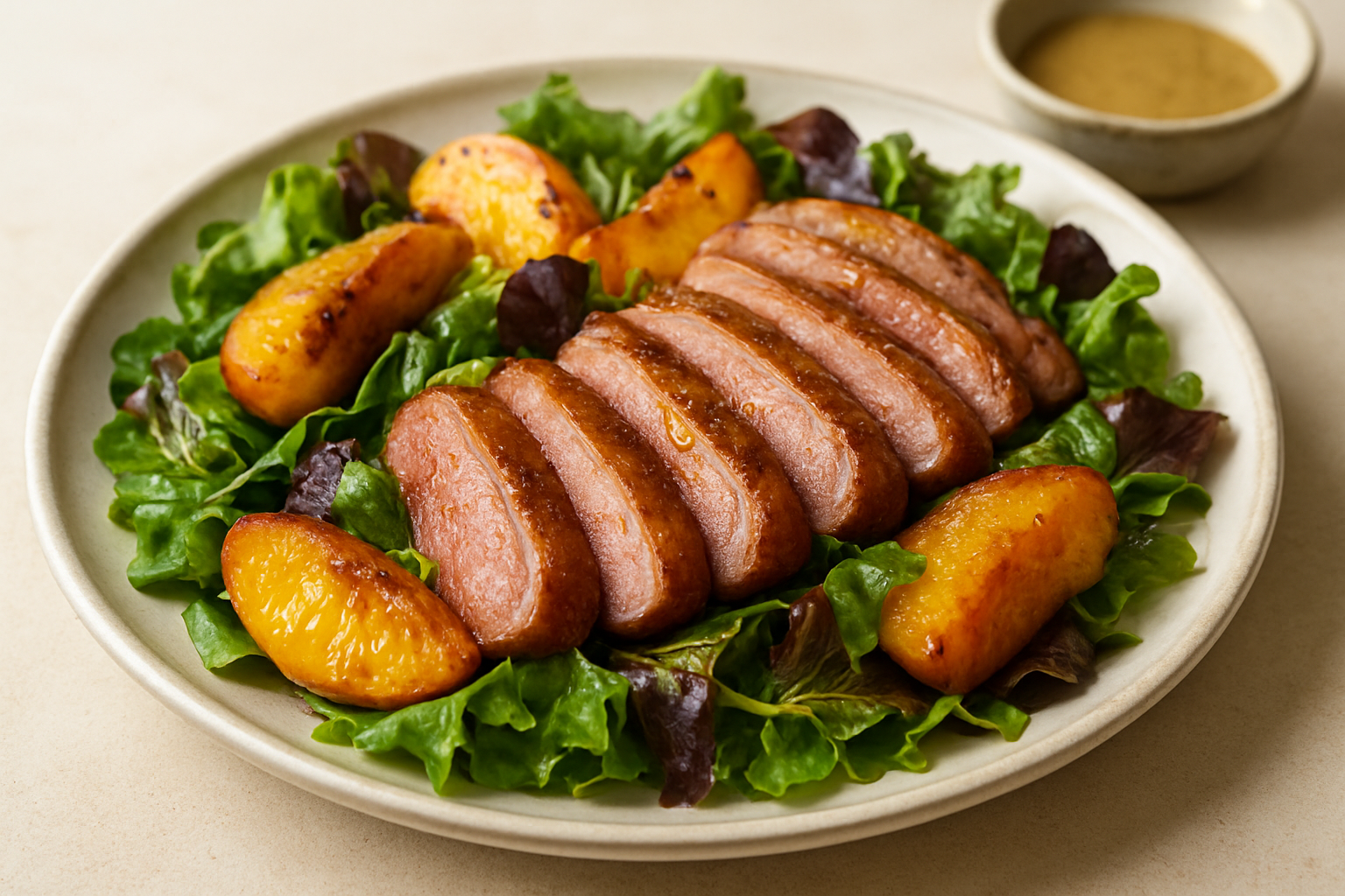 Warm Duck and Peach Salad with Honey Mustard Dressing